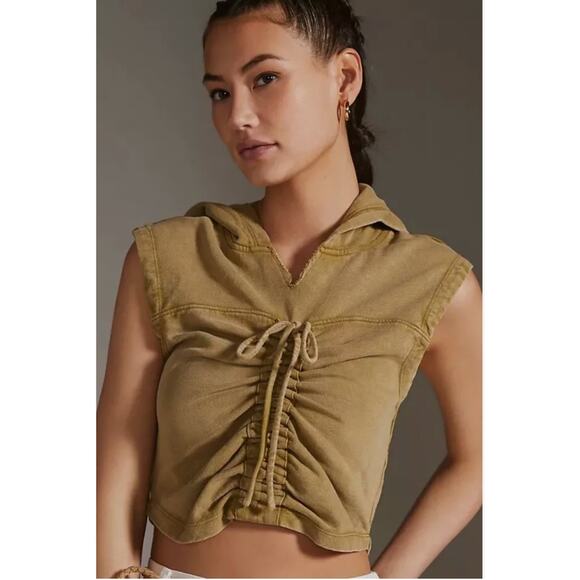 ANTHROPOLOGIE PILCRO Cinched Front Hoodie Tank Top Olive Green Top // M - Picture 1 of 9